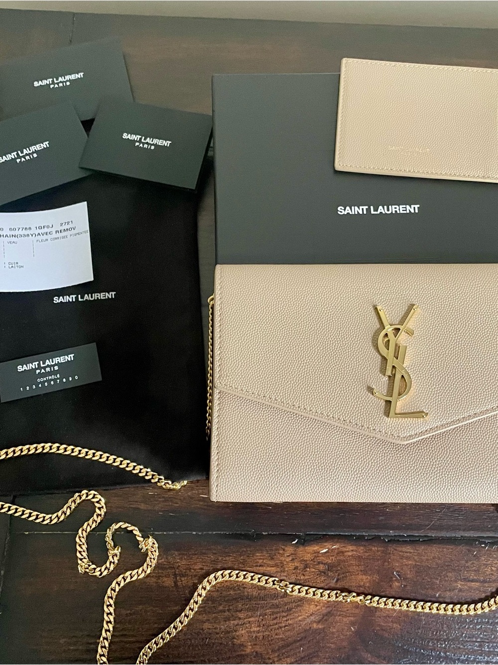 YSL DARK BEIGE UPTOWN CHAIN WALLET IN GRAIN DE POUDRE EMBOSSED LEATHER - Picture 2 of 14